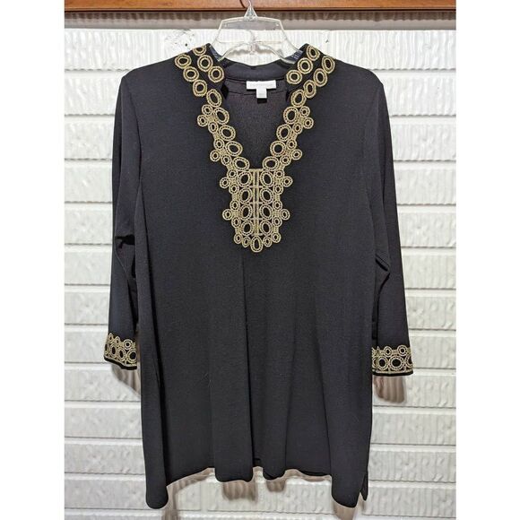 Charter Club Women's Black Plus Gold Lace Trim Embroidered Tunic Blouse Large - Picture 1 of 6